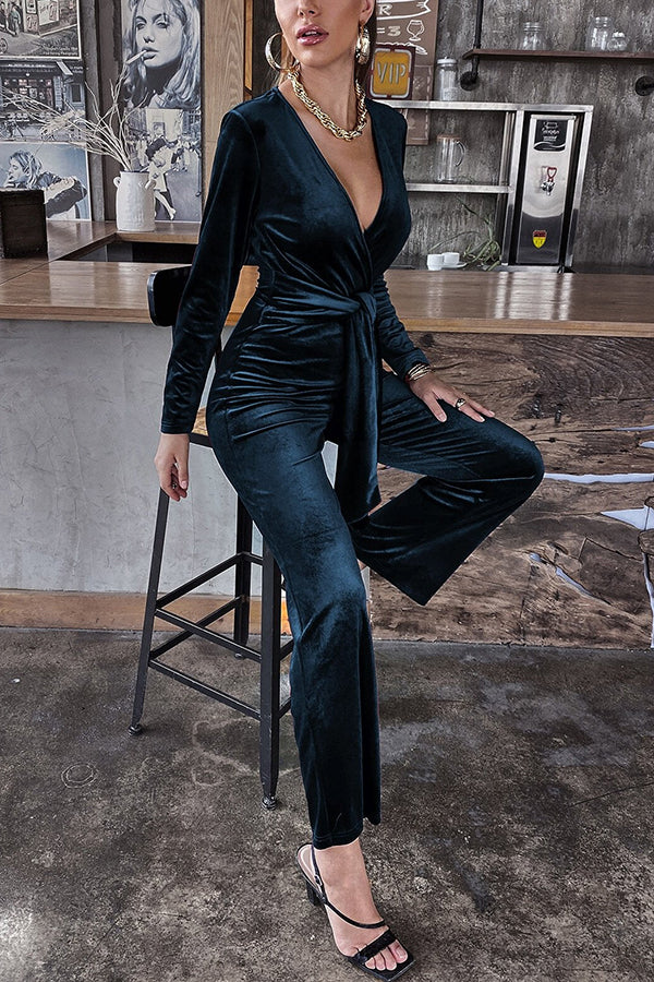 Solid Color Velvet Deep V Belt Slim Jumpsuit