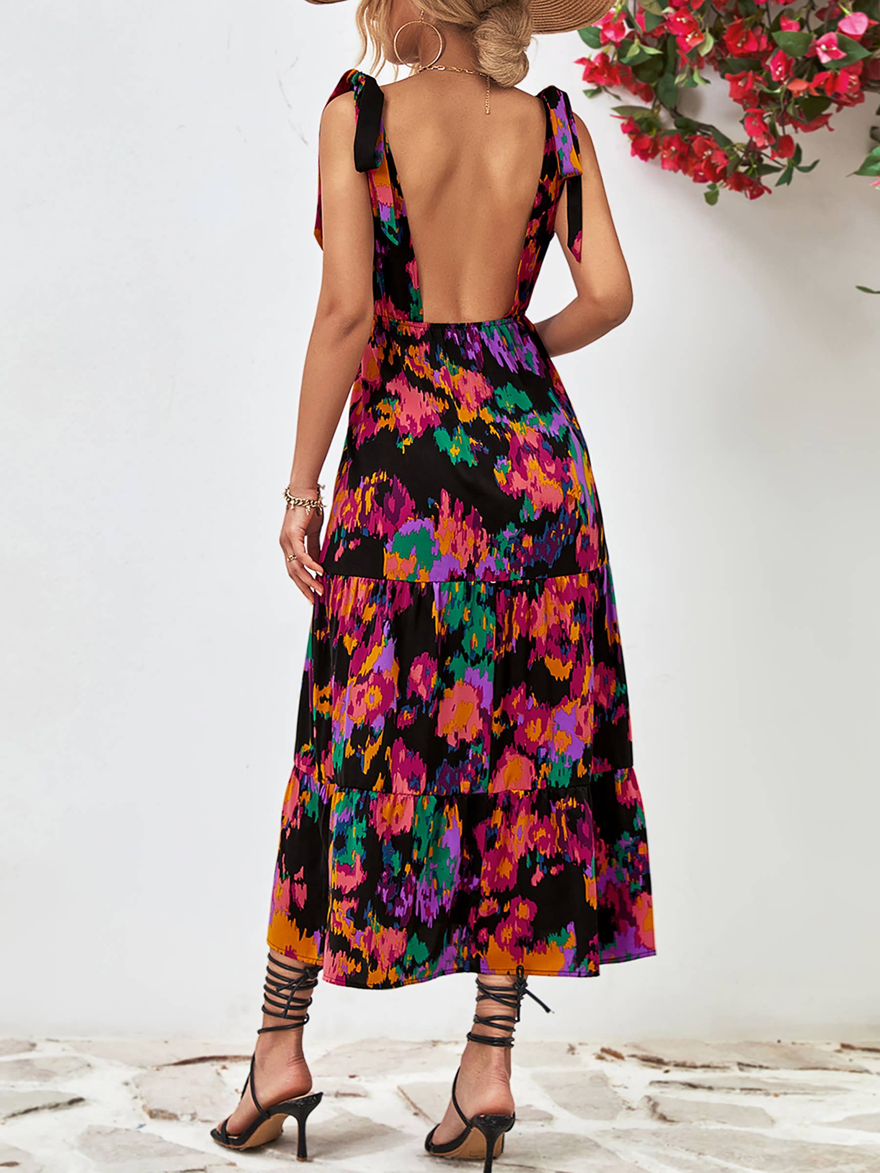 Women's Sexy V Neck Backless Floral Print Party Dress