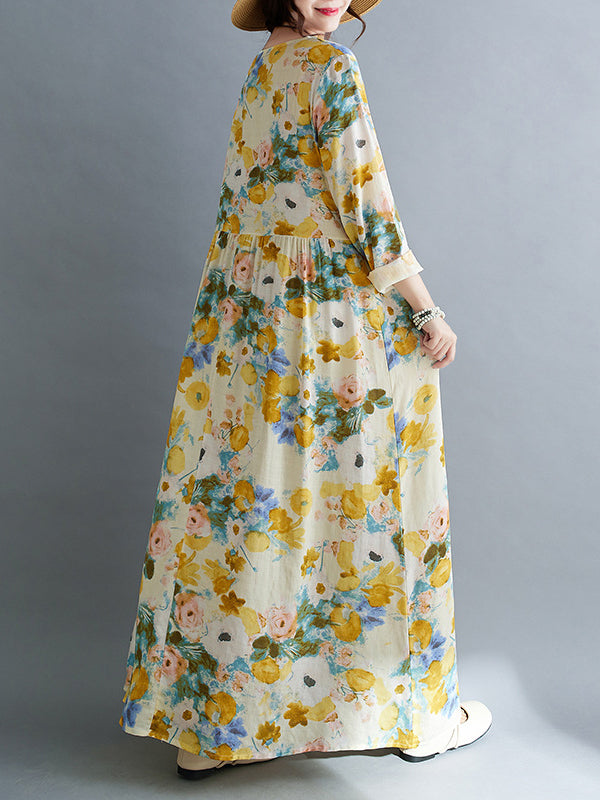 Long Sleeves Loose Flower Print Split-Joint Round-Neck Midi Dresses