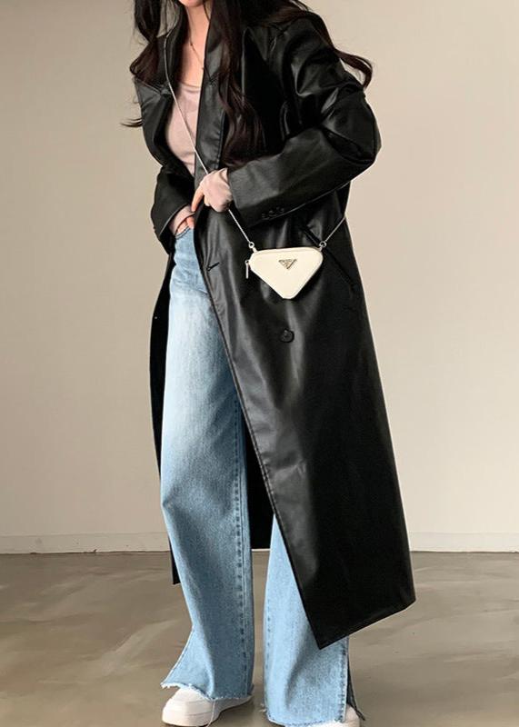 Retro Black PU Leather Trench Coat - Double-Breasted Chic