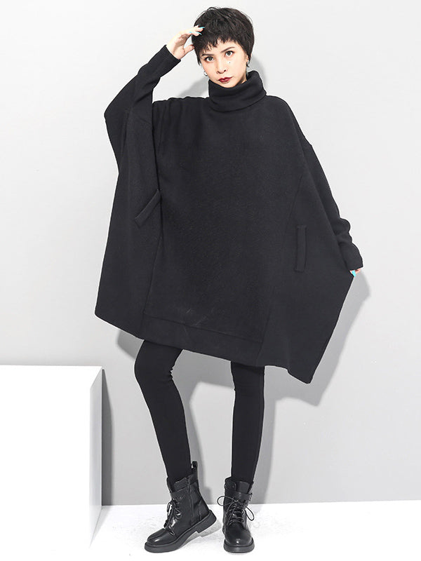 Super Loose Black High-Neck Knitting Batwing Sleeves Sweater Dress