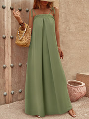 A-Line Loose Elasticity Pleated Solid Color Split-Joint Tied Spaghetti-Neck Maxi Dresses