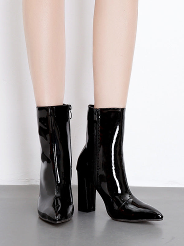 Pointed-Toe Shiny Split-Joint Boots Pumps