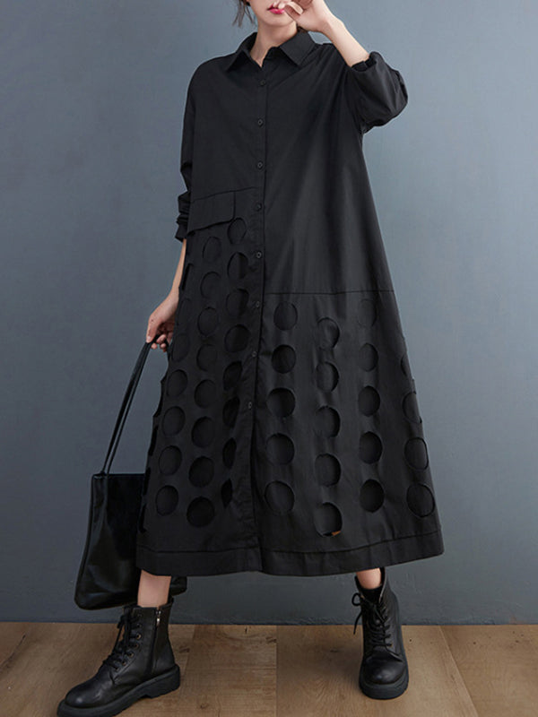 A-Line Long Sleeves Asymmetric Hollow Polka-Dot Solid Color Lapel Midi Dresses