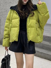 Long Sleeves Loose Detachable Quilted Zipper Hooded Down Coat