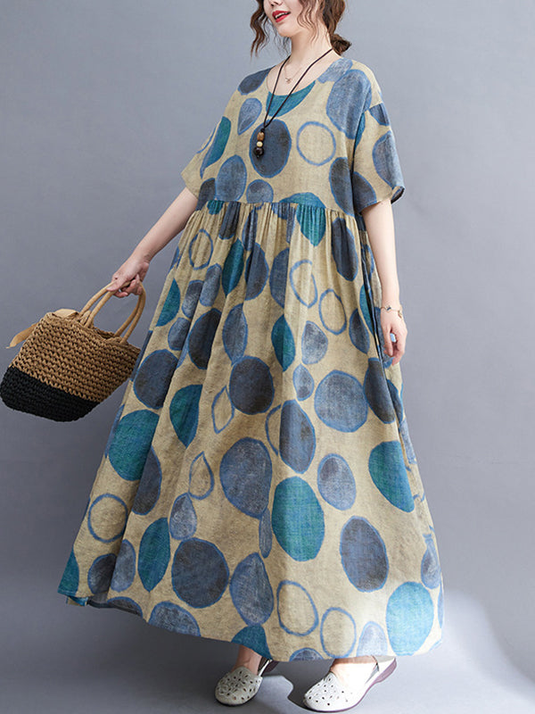 Artistic Retro Loose Polka-Dot Contrast Color Pleated Midi Dress