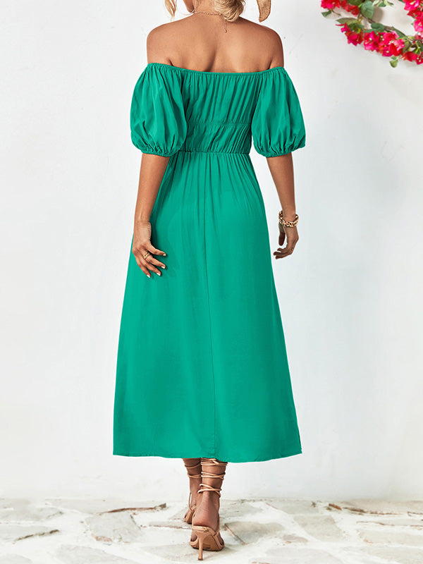 Loose Short Sleeves Solid Color Off-The-Shoulder Midi Dresses