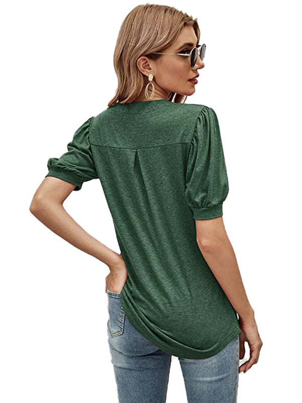 Simple Solid Color V-Neck Puff Sleeves T-Shirt Top