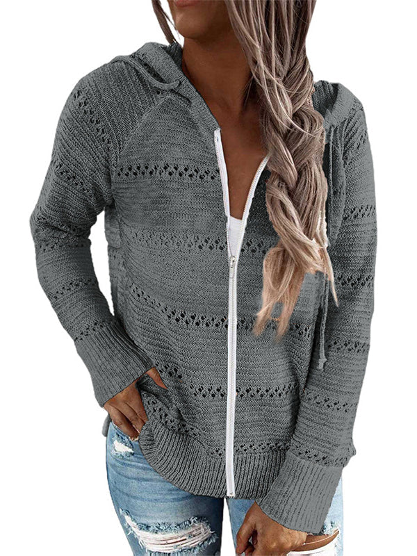 Long Sleeves Loose Drawstring Hollow Split-Side Zipper Round-Neck Cardigan Tops Knitwear