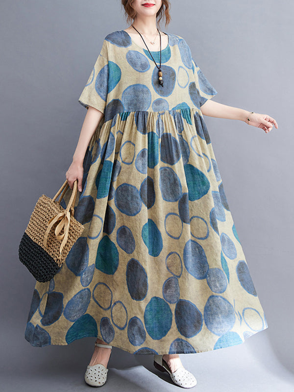 Artistic Retro Loose Polka-Dot Contrast Color Pleated Midi Dress