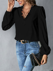 Long Sleeves Loose Ruffled Solid Color V-Neck Blouses&Shirts Tops