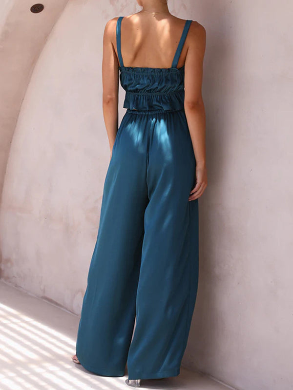 Elasticity Pleated Solid Color Spaghetti-Neck Tops + High Waisted Drawstring Pants Trousers Two Pieces Set