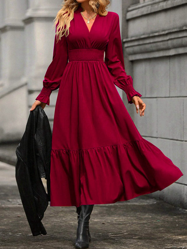 A-Line Flared Sleeves Elasticity Pleated Solid Color V-Neck Midi Dresses