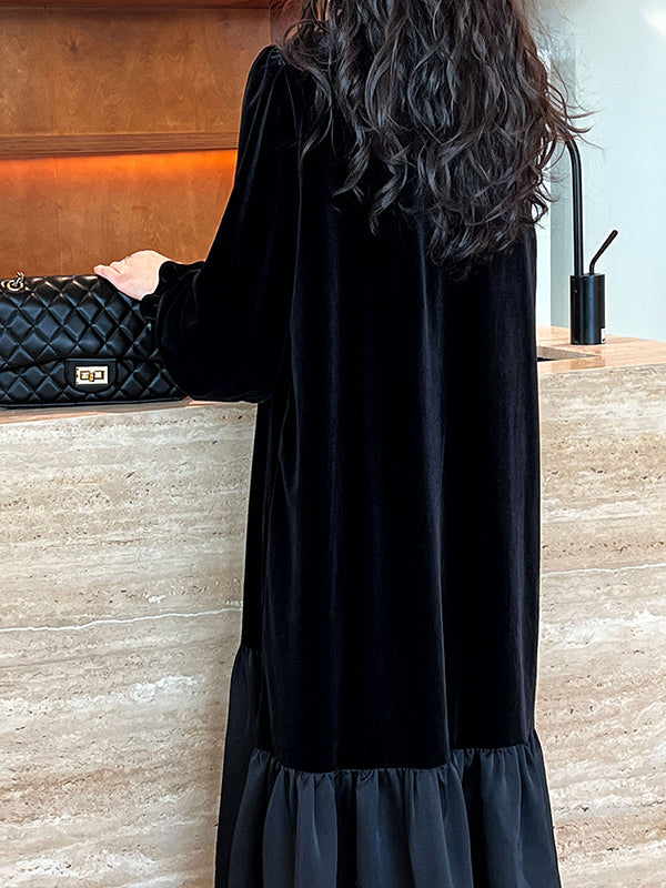 Flared Sleeves Long Sleeves Contrast Color Pleated Ruffled Split-Joint Velvet Round-Neck Midi Dresses