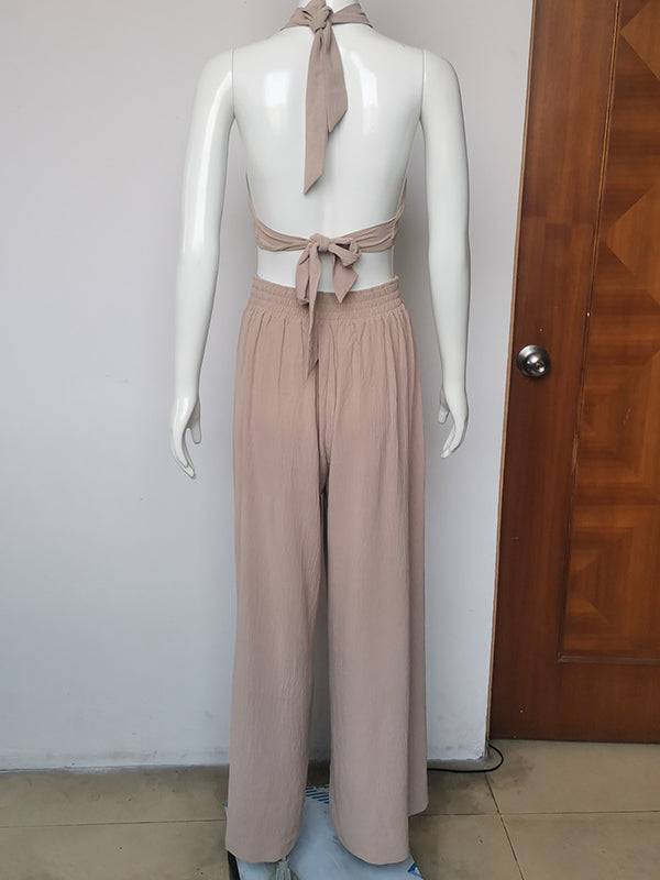 Solid Color Pleated Split-Joint Backless High Neck Vest + High Waisted Loose Pants Trousers Two Pieces Set