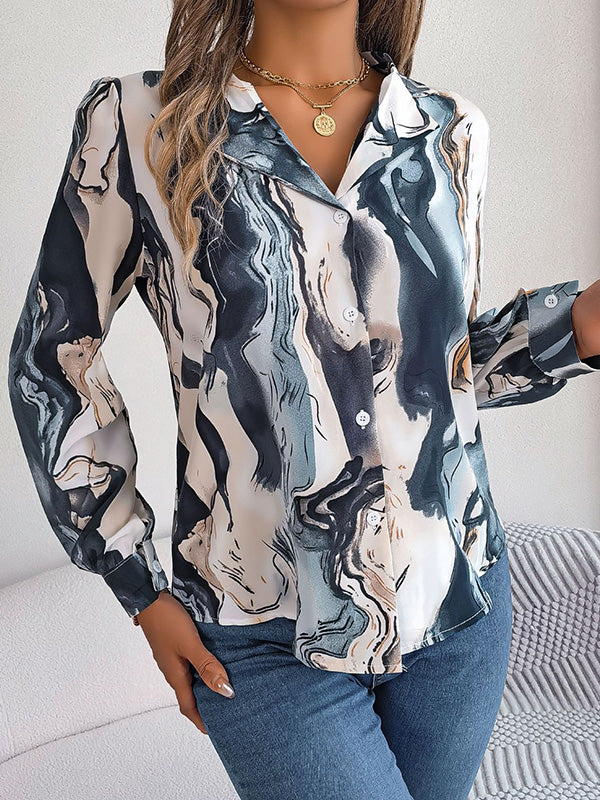 Long Sleeves Loose Buttoned Printed Notched Collar Blouses&Shirts Tops