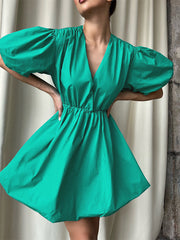 Loose Puff Sleeves Solid Color V-Neck Mini Dresses