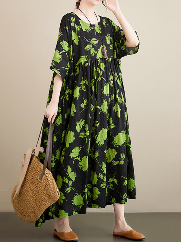 Loose Floral Pleated Round-Neck Midi Dresses