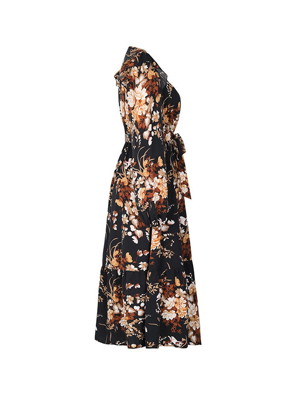 Loose Puff Sleeves Flower Print Pleated Split-Joint Tied Waist V-Neck Midi Dresses Shirt Dress