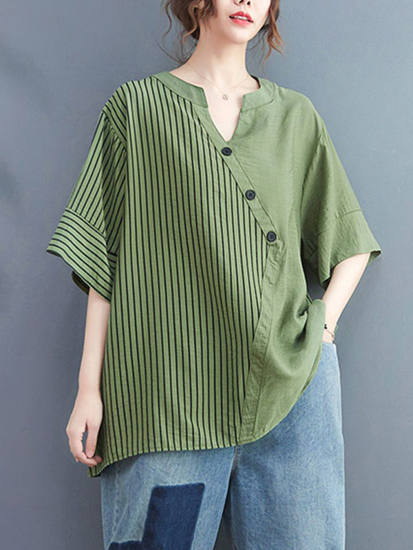 Simple Loose Asymmetric Striped V-Neck Blouse