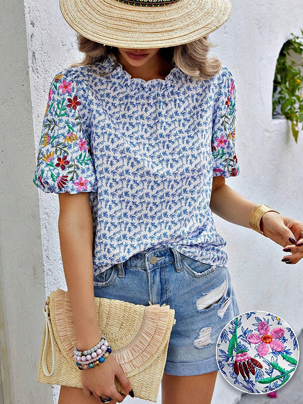 Loose Short Sleeves Elasticity Embroidered Flower Print Pleated Split-Joint Mock Neck T-Shirts Tops