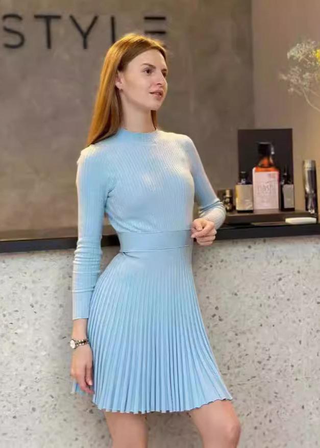 Elegant Ribbed Pleated Knit Dress - Half Turtleneck Long Sleeve