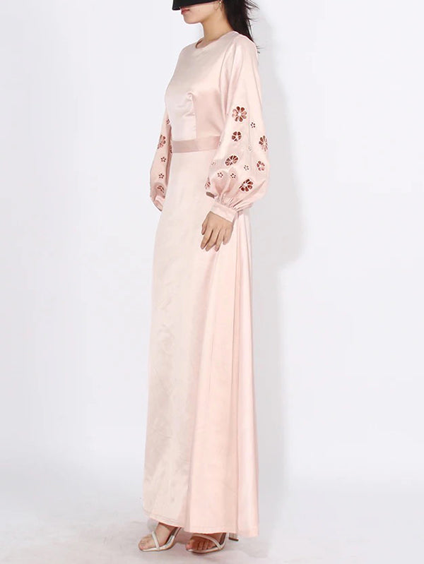 A-Line Long Sleeves Hollow Solid Color Round-Neck Maxi Dresses