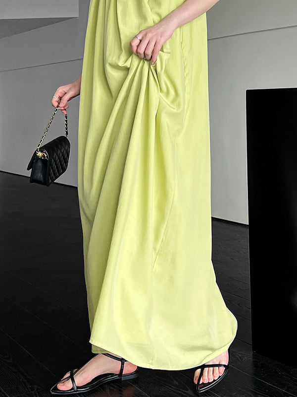 Loose Sleeveless Elasticity Pleated Solid Color Split-Joint Off-The-Shoulder Maxi Dresses