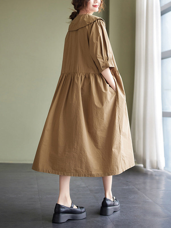 Original Loose Solid Color Buttoned Pleated Midi Dress