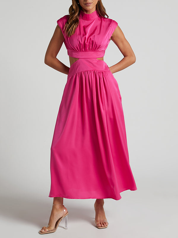 Cap Sleeve Belly-Hollow Pleated Solid Color Stand Collar Maxi Dresses