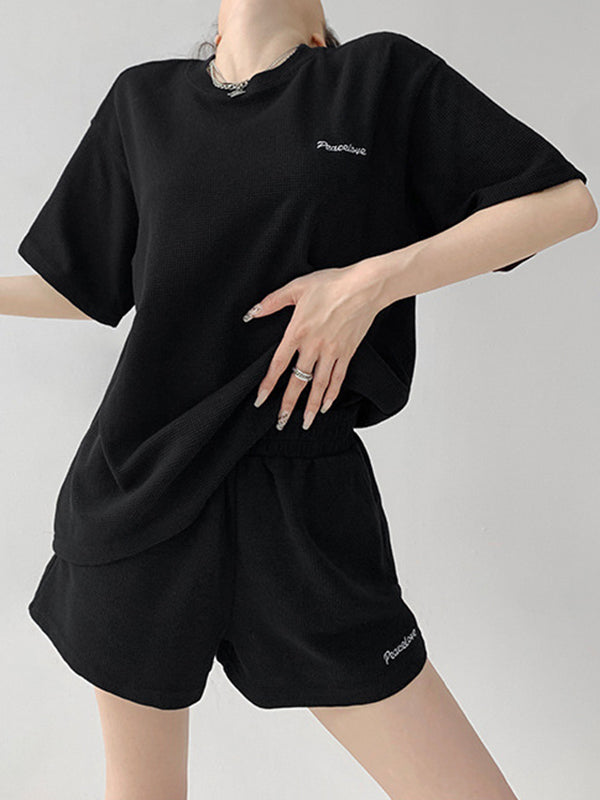 Short Sleeves Split-Joint Round-Neck T-Shirt + Elasticity Waist Shorts Two Pieces Set