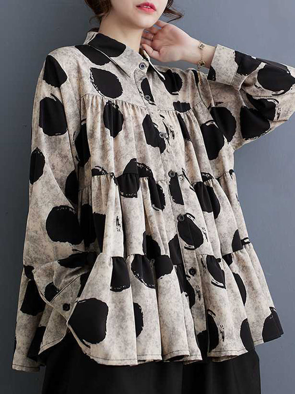 Long Sleeves Loose Pleated Polka-Dot Split-Joint Lapel Blouses