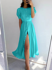 Puff Sleeves Short Sleeves Buttoned Solid Color Round-Neck Midi Dresses Shirt Dress