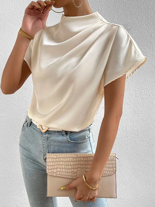 Loose Short Sleeves Pleated Solid Color Mock Neck T-Shirts Tops