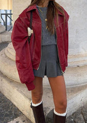 Oversized Wine Red Zipper Jacket