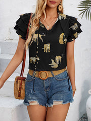 Loose Ruffle Sleeves Animal Printed Layered Pleated Tied V-Neck T-Shirts Tops