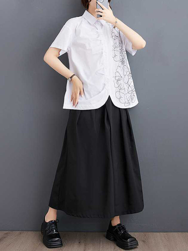 Irregularity Loose Buttoned Embroidered Pleated Lapel Collar Blouses&Shirts Tops