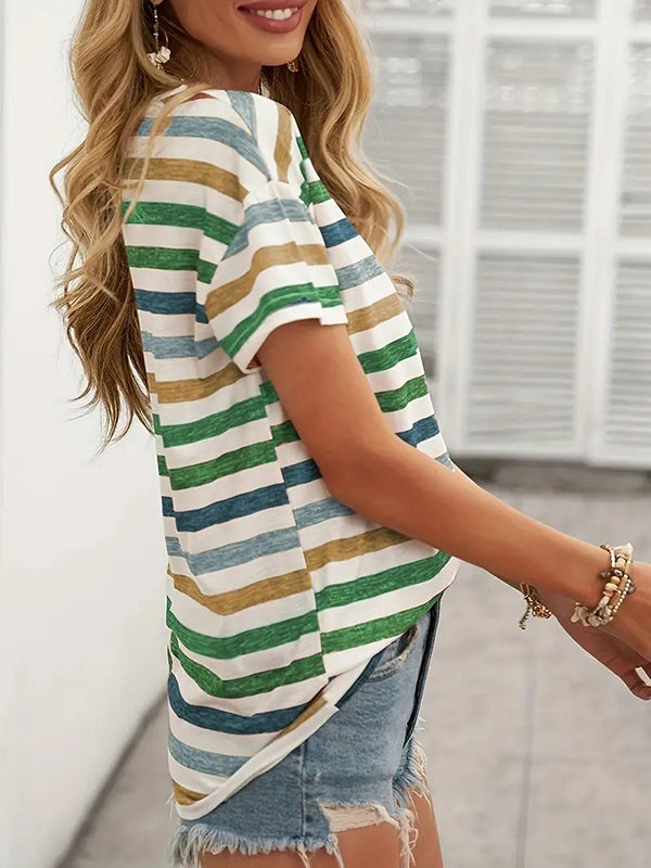 Loose Short Sleeves Striped Round-Neck T-Shirts Tops