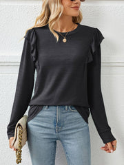 Wood Ear Edge Long Sleeved Round Neck Top T-shirt