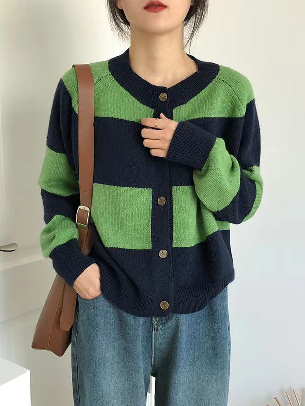 Casual Buttoned Contrast Color Striped Cardigan Tops