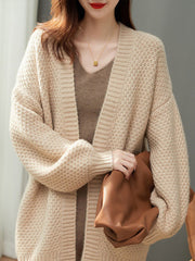 Long Sleeves Loose Solid Color Collarless Cardigan Tops