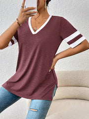 Loose Short Sleeves Split-Joint Split-Side Striped V-Neck T-Shirts Tops