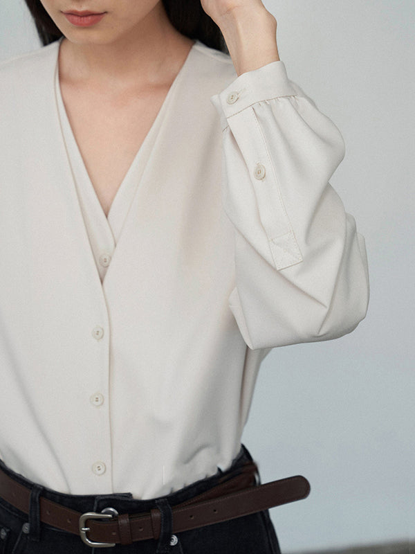 False Two Long Sleeves Buttoned Solid Color V-Neck Blouses&Shirts Tops