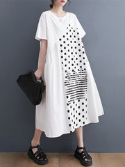 Irregularity Oversize Printed Striped Polka-Dot Split-Joint Round-Neck Midi Dresses