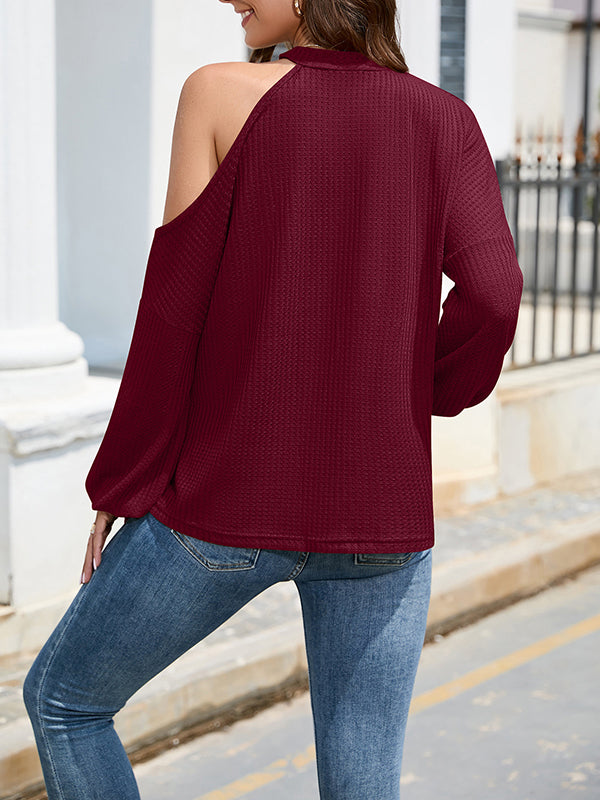 Loose Hollow Solid Color One-Shoulder Shirts