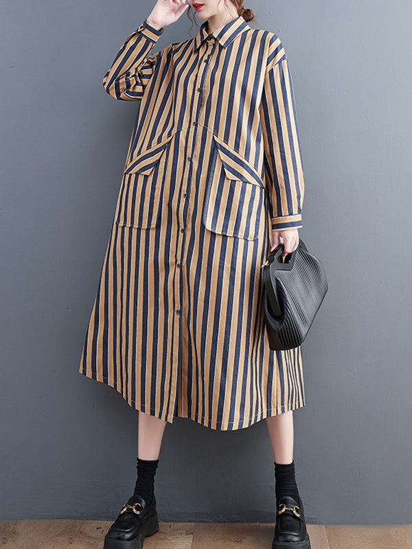 Original Loose Long Sleeves Buttoned Striped Lapel Collar Midi Shirt Dresses