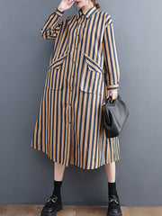 Original Loose Long Sleeves Buttoned Striped Lapel Collar Midi Shirt Dresses