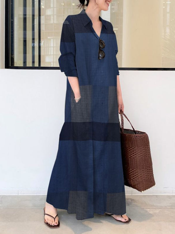 Long Sleeves Loose Plaid Pockets Lapel Maxi Dresses Shirt Dress