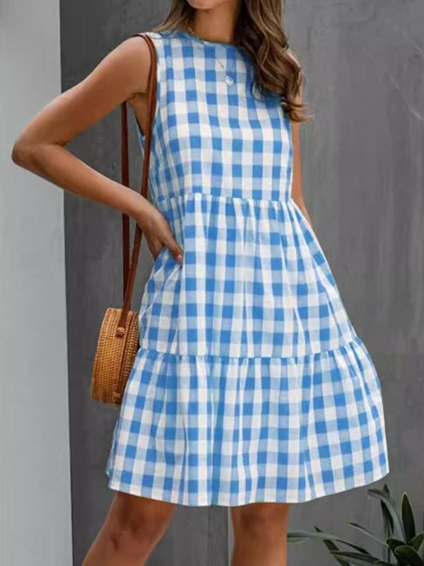 Loose Sleeveless Hollow Plaid Pleated Split-Joint Round-Neck Mini Dresses