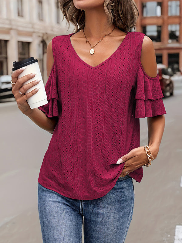 Half Sleeves Loose Double Layered Hollow Jacquard Solid Color Cold Shoulder T-Shirts Tops